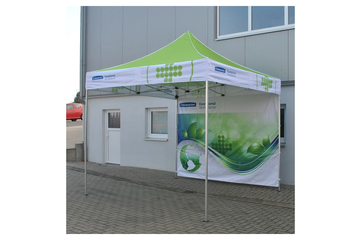 Bedrucktes Faltzelt mit Dach, Volant, Seitenwand, Scherengestell und Standbeinen