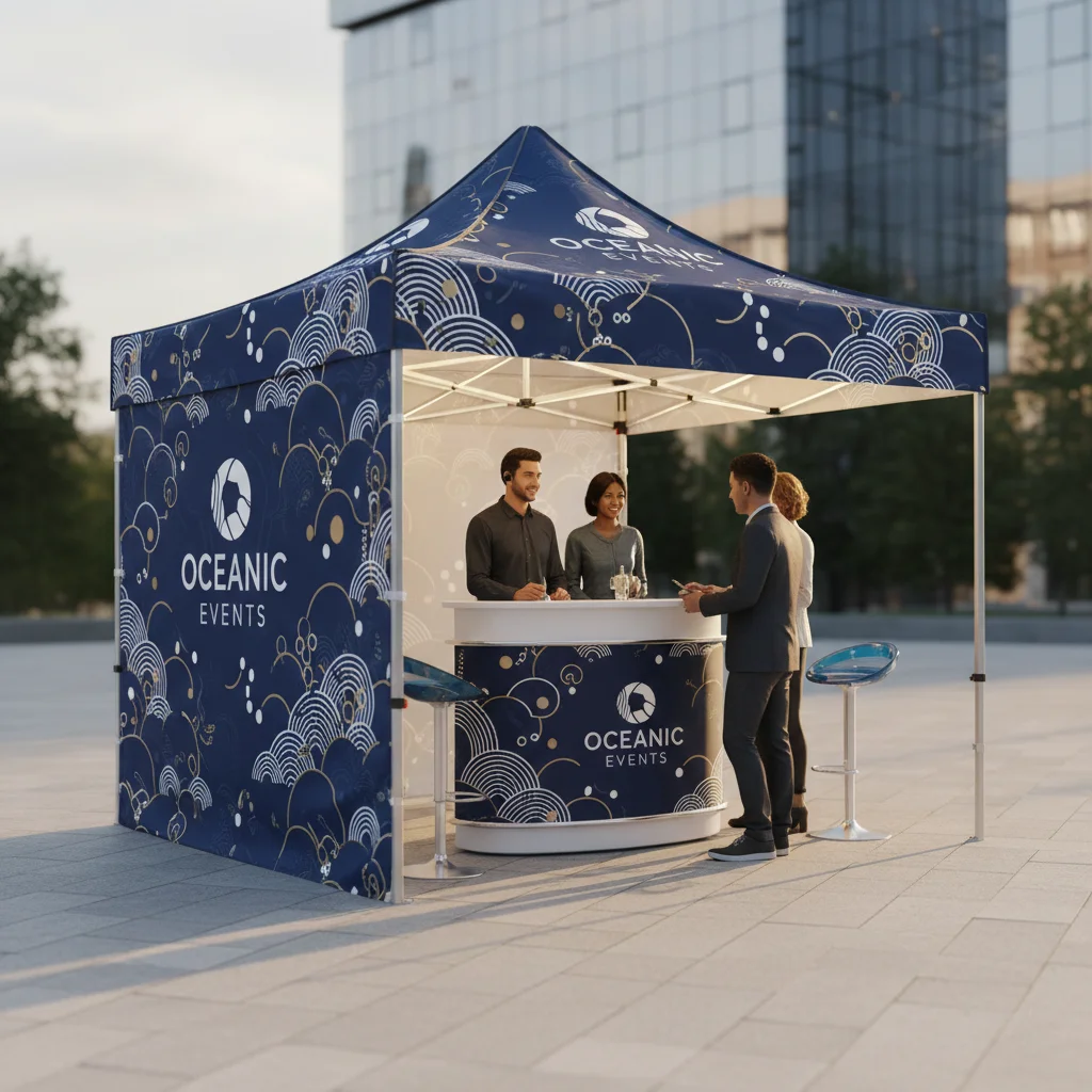Bedrucktes Profi-Faltzelt als Messe- und Service-Stand mit Theke