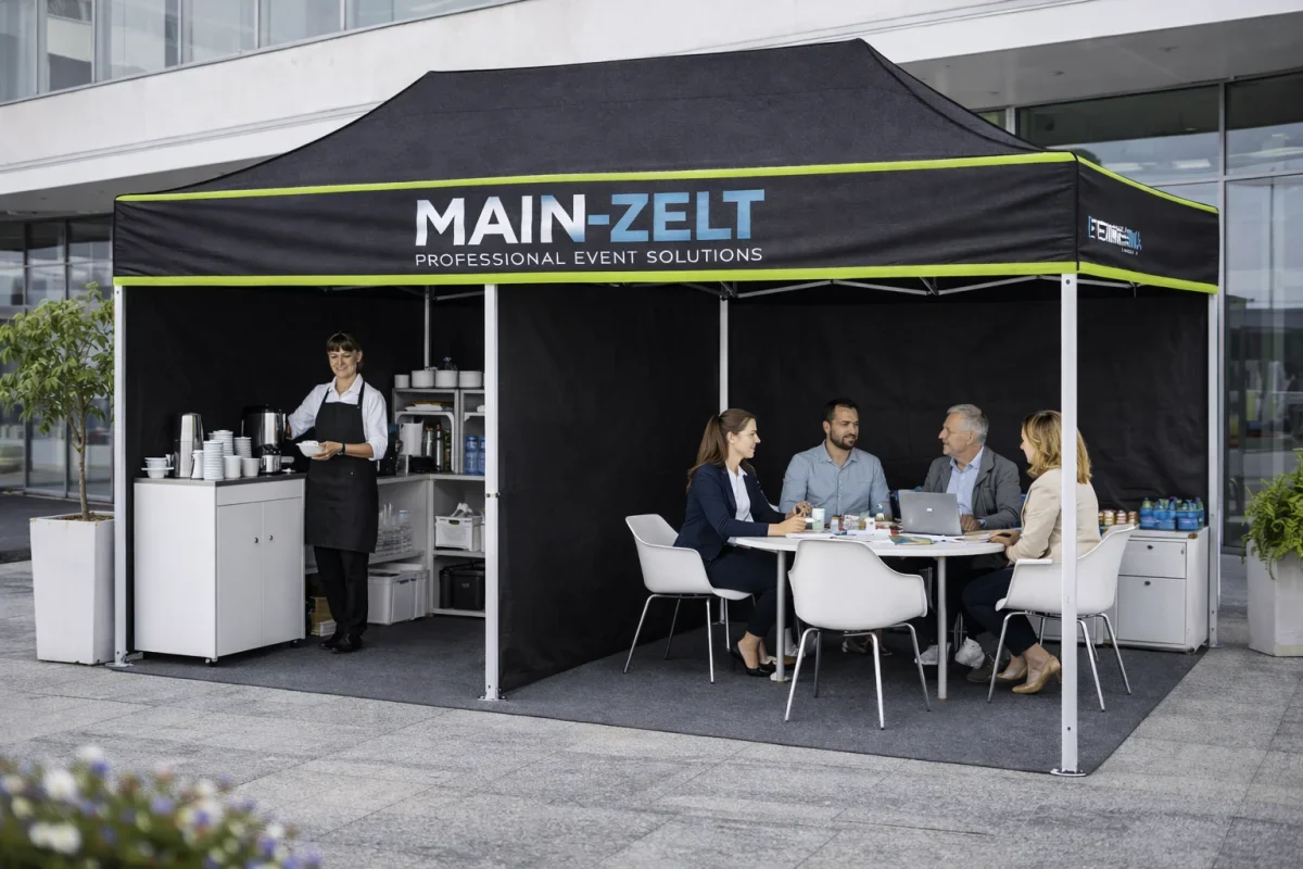 Faltzelt als Arbeits- und Lagerbereich mit Dach, Rückwand, Standbeinen und Standfüßen
