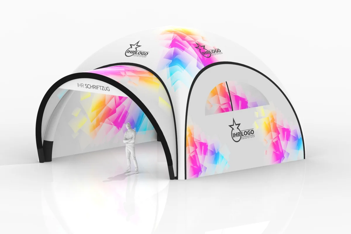 Dome-Zelt 8 × 8 m mit Eingangsbogen, Seitenwand und bedruckter Kuppel