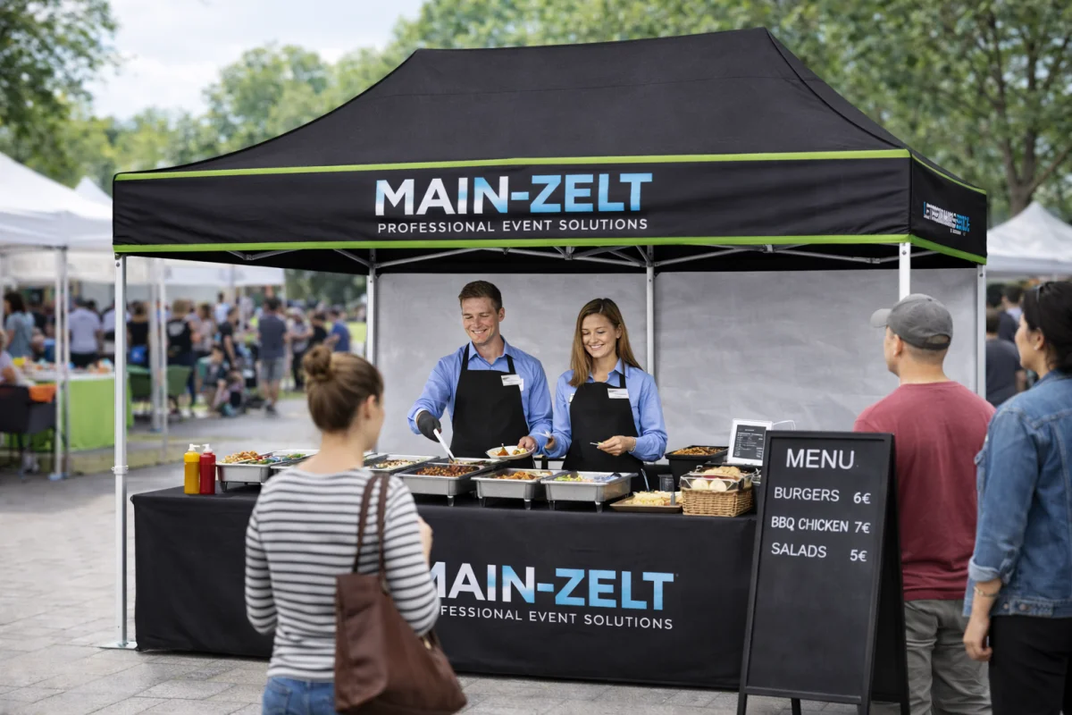 Faltzelt mit bedrucktem Volant, Rückwand, Theke und Menütafel auf einem Fest