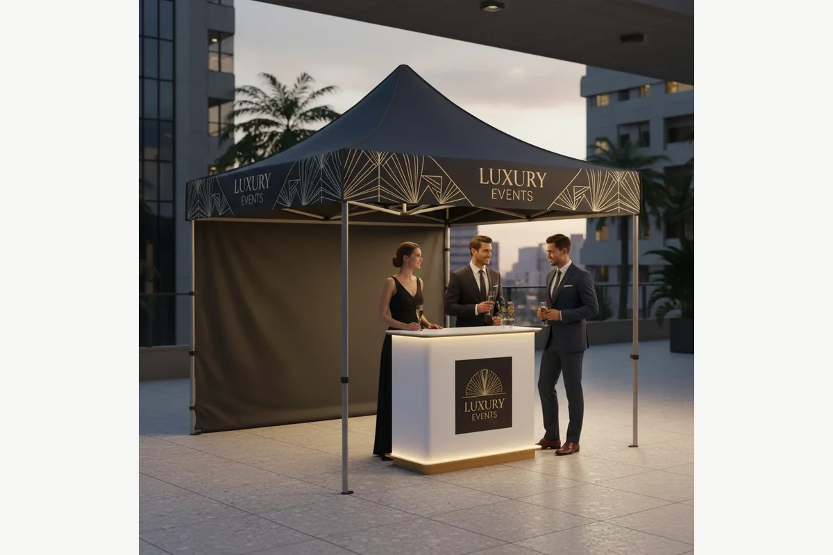 Messezelt als Infostand mit bedrucktem Dach, Volant, Rückwand, Theke und Standbein