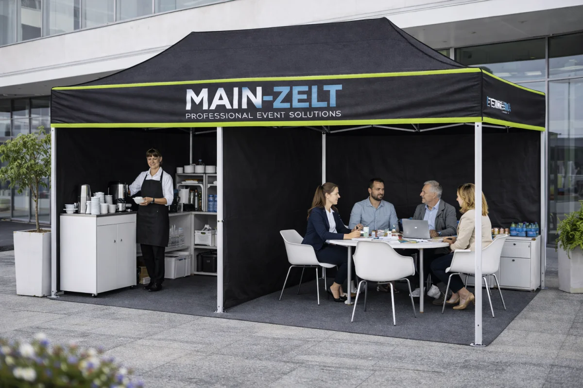 Großes Faltzelt 4 × 8 m als mobiler Arbeits- und Lagerraum mit Seitenwänden