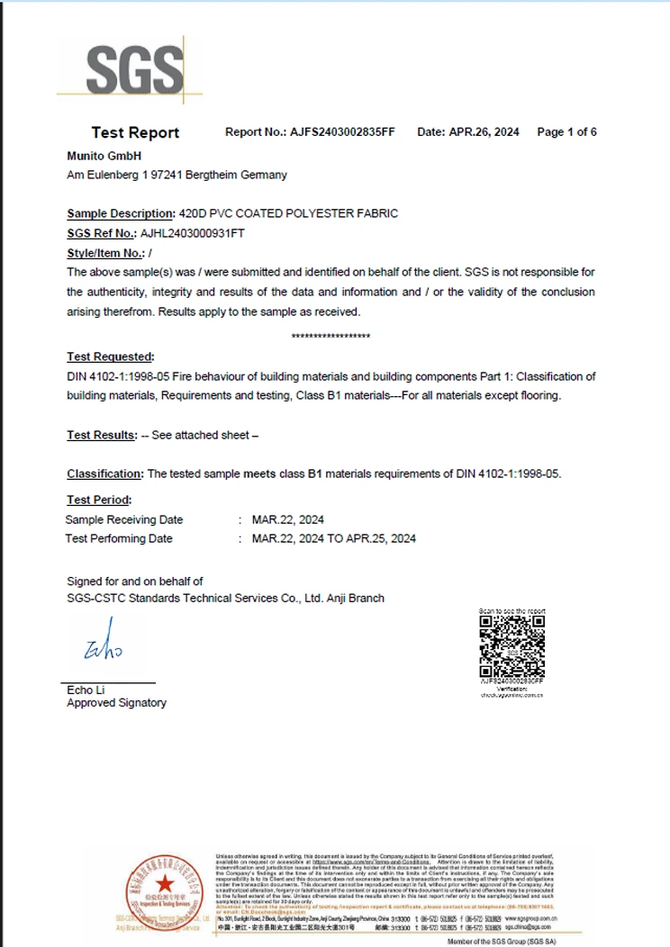 SGS-Prüfbericht vom 26.04.2024: 420D PVC-beschichtetes Polyestergewebe erfüllt Klasse B1 nach DIN 4102-1