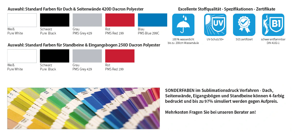 Farbkarte Dacron für aufblasbare Zelte: 420D für Dach und Seitenwände, 250D für Standbeine und Eingangsbogen